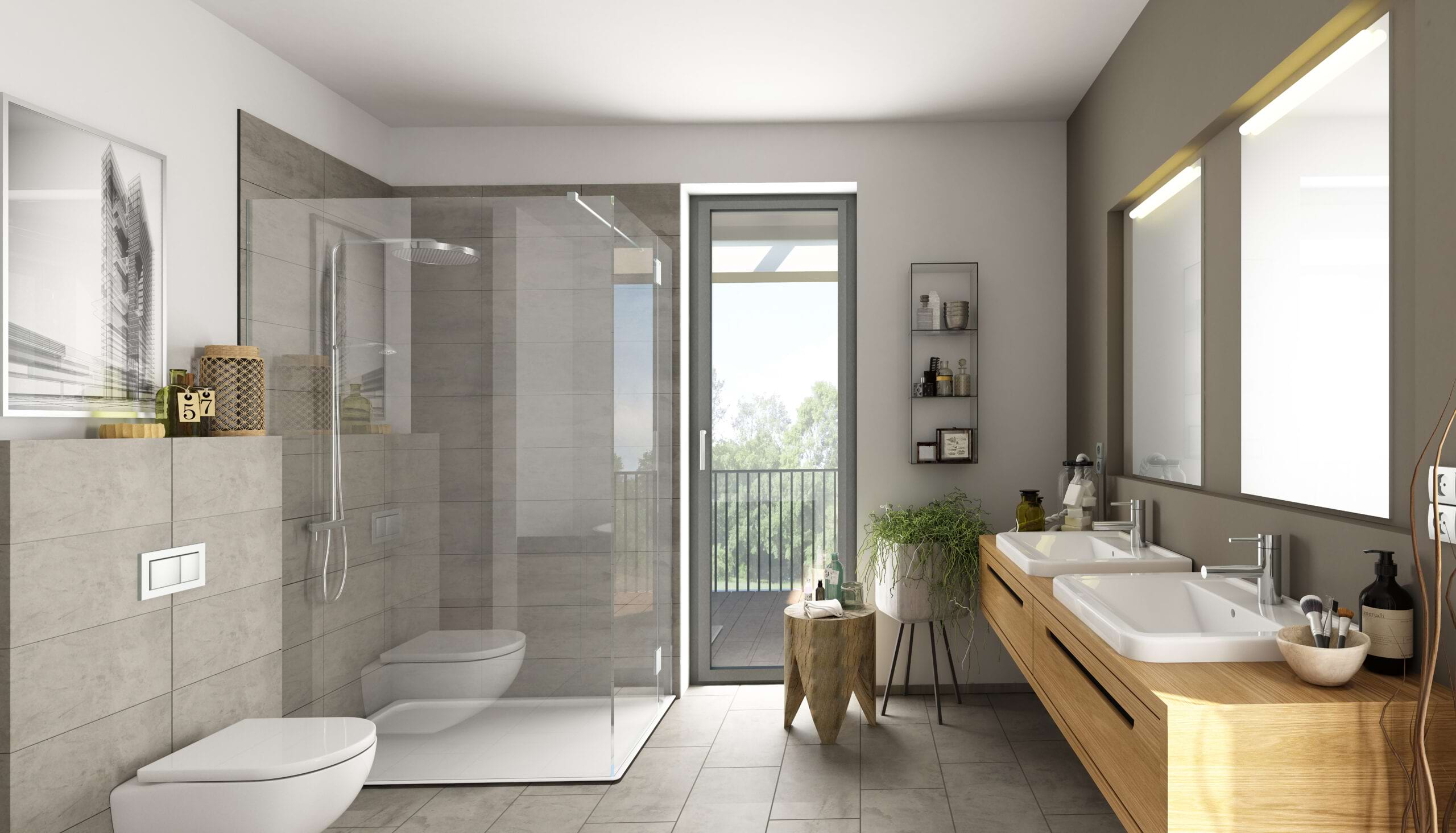 Modernes Badezimmer mit Dusche, zwei Waschtischen, Holzregal und Balkonfenster. Pflanzen und Dekorationen ergänzen die Einric