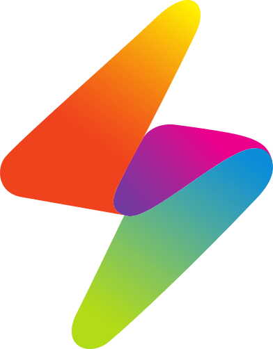 Abstraktes Logo mit dynamischen, farbigen Formen in Rot, Orange, Pink und Blau, die zusammen eine Bewegung darstellen.