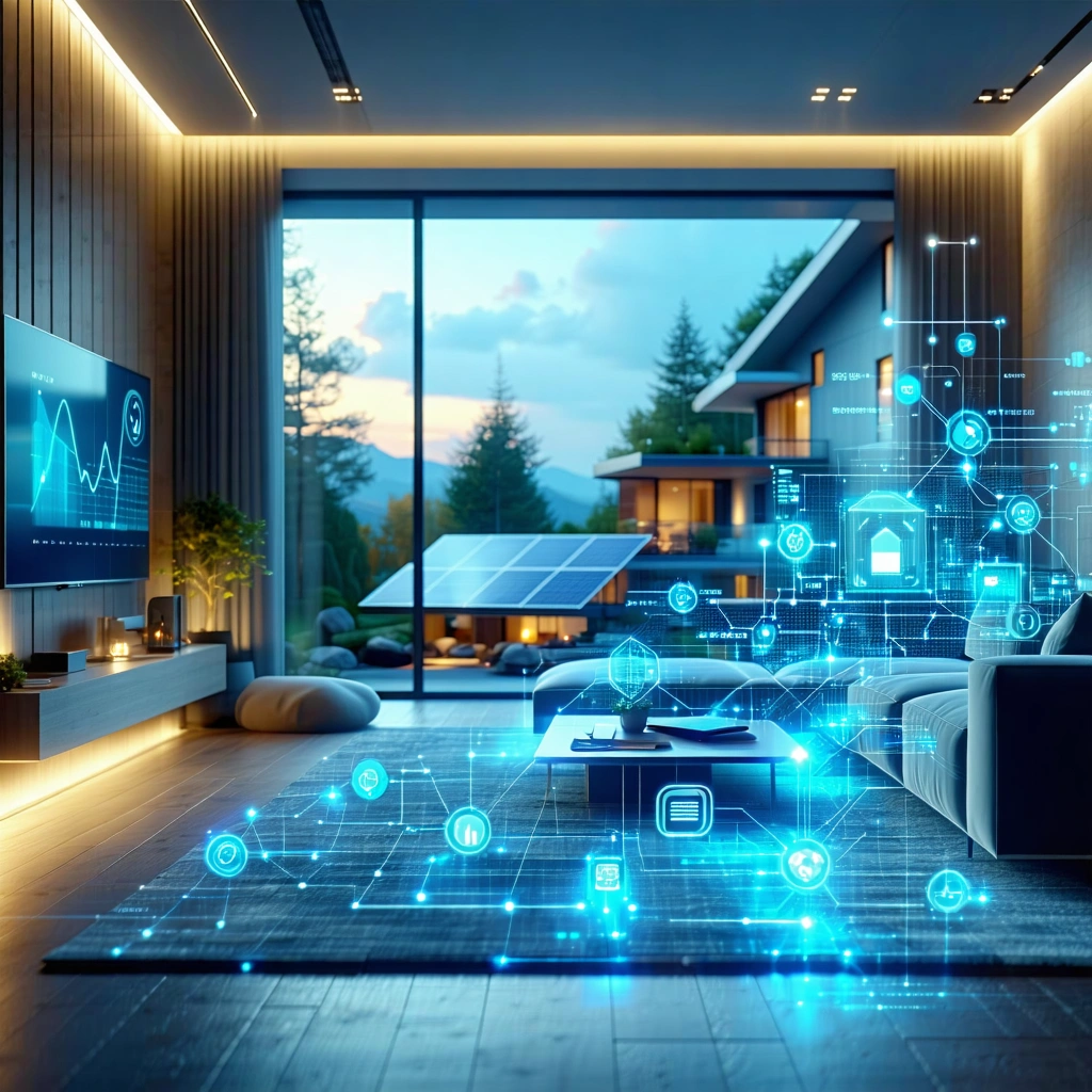 Moderne Wohnung mit Panoramafenster, PV-Anlage draußen, Grafiken und Icons aus digitaler Technologie im Raum.