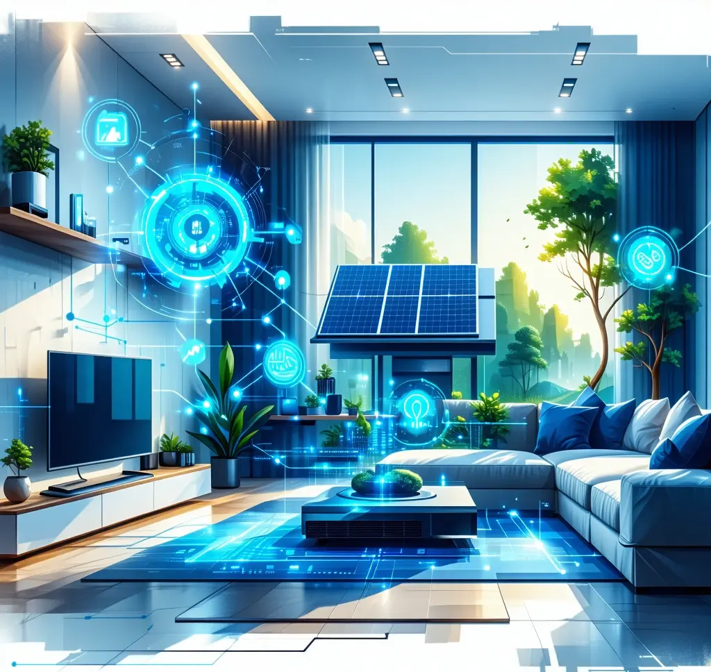 Modernes Wohnzimmer mit Solarpanel, Pflanzen, Fernseher und digitalen Schnittstellen. Fensterblick auf grüne Bäume.