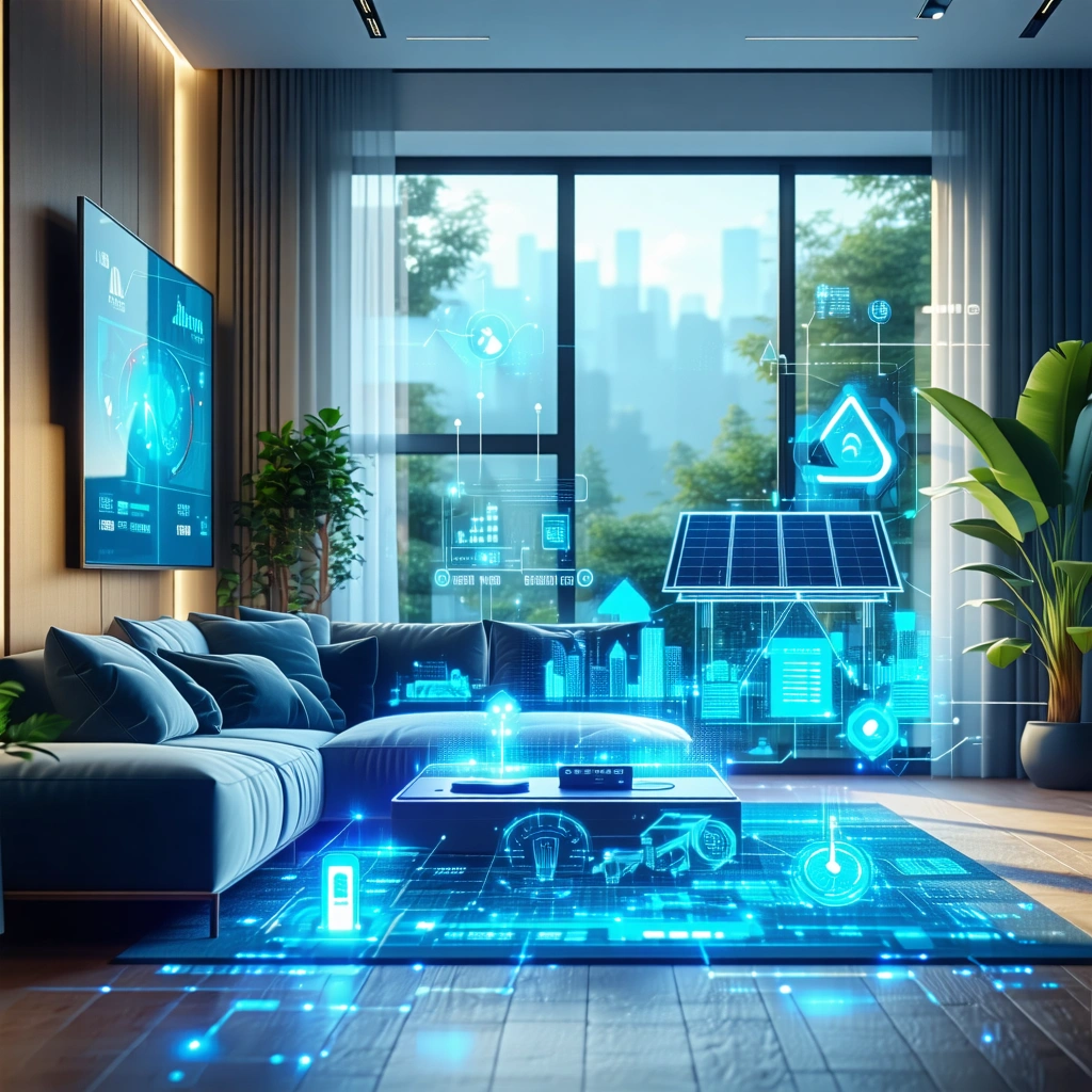Moderne Wohnzimmeransicht mit digitaler Anzeige von Daten über Smart-Home-Technologie und einem Solarpanel im Hintergrund.