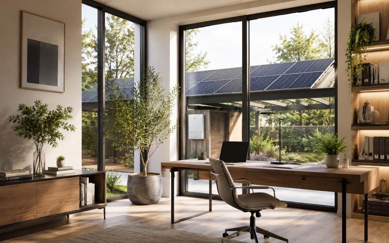 Moderne Büroumgebung mit Holzschreibtisch, Stuhl, Pflanzen und großen Fenstern, durch die ein Außenbereich mit Solarpanelen s