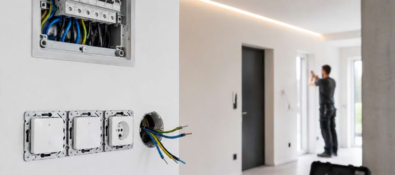 Verteiler mit bunten Kabeln, drei Schalter und unvollständige Steckdose an einer weißen Wand. Im Hintergrund ein Handwerker.