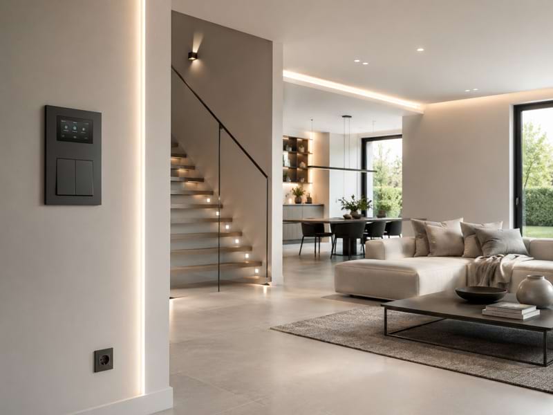 Geräumiger Wohnraum mit Treppe, Sofa, Esstisch und modernen Lichtquellen; große Fenster bieten Blick auf den Garten.