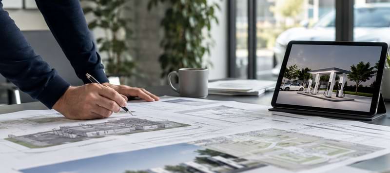 Hand schreibt auf Bauplänen, daneben ein Tablet mit digitalem Entwurf einer Ladestation, Tasse und Pflanzen im Hintergrund.