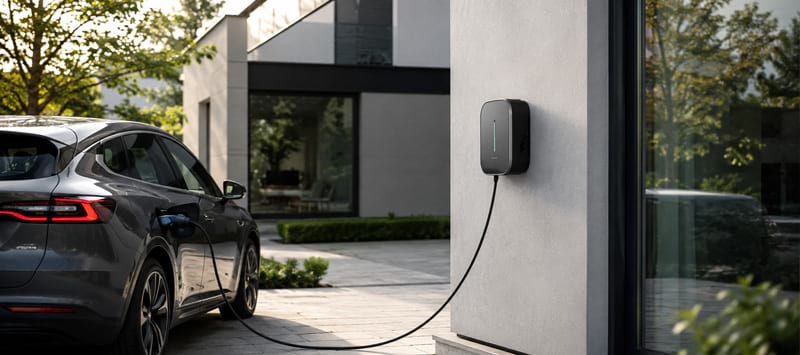 Ein graues Elektroauto ist an einer Ladestation an einer modernen Gebäudeaußenwand angeschlossen. Grüne Pflanzen sind sichtba