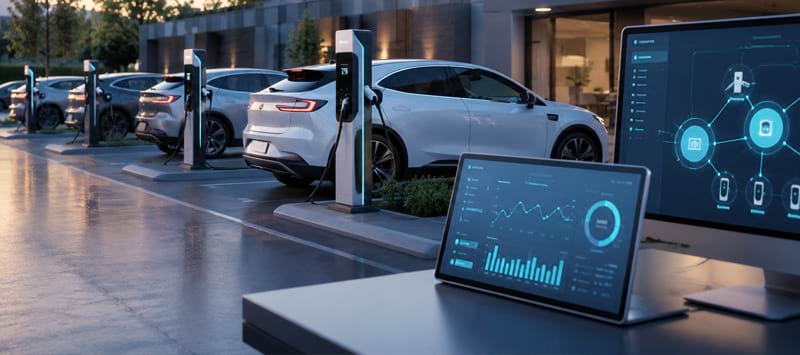 Ladestation für Elektroautos mit mehreren Fahrzeugen, Monitor mit Diagrammen und Datenanalysen im Vordergrund.
