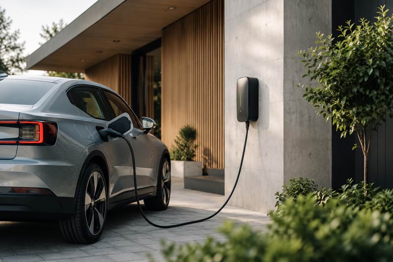 Ein silbernes Elektroauto ist an einer Ladestation an einer modernen Hauswand angeschlossen, umgeben von Pflanzen.