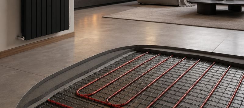 Bodenbelag mit Heizungsrohren in roter Farbe, umgeben von grauem Material und einem Holzelement. Heizkörper an der Wand.