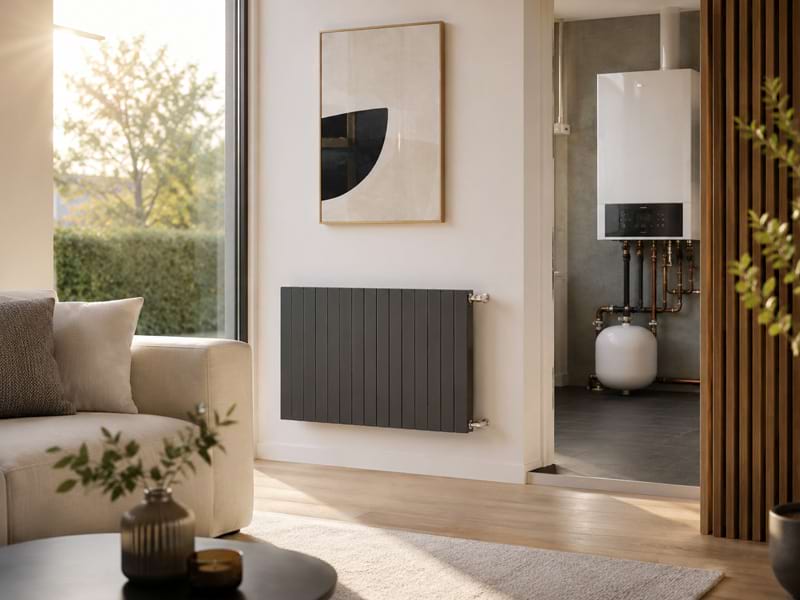 Modernes Wohnzimmer mit grauer Heizung, abstraktem Kunstwerk, beigem Sofa und Sonneneinstrahlung durch große Fenster.