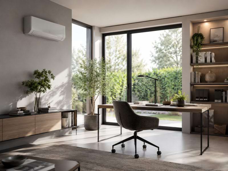 Modernes Büro mit Schreibtisch, Drehstuhl, Pflanzen und großen Fenstern, die Blick ins Grüne bieten.