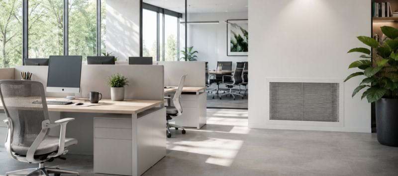 Büro mit mehreren Arbeitsplätzen, Schreibtischen, Stühlen, Pflanzen und großen Fenstern mit Blick ins Freie.