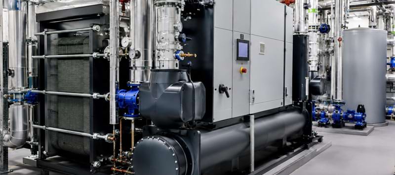 Moderne Industrieanlage mit Rohren, einem großen Kessel und Steuerungseinheit. Verschiedene Pumpen und Ventile sichtbar.