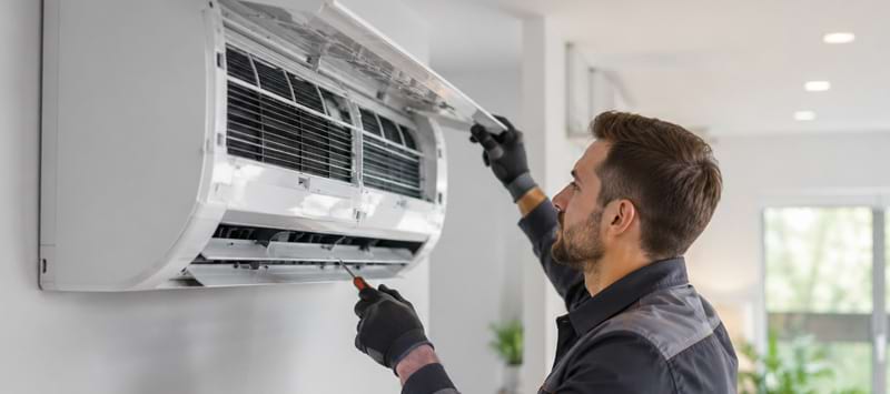 Ein Techniker in Handschuhen wartet eine Klimaanlage an der Wand in einem hellen Raum. Werkzeuge liegen bereit.