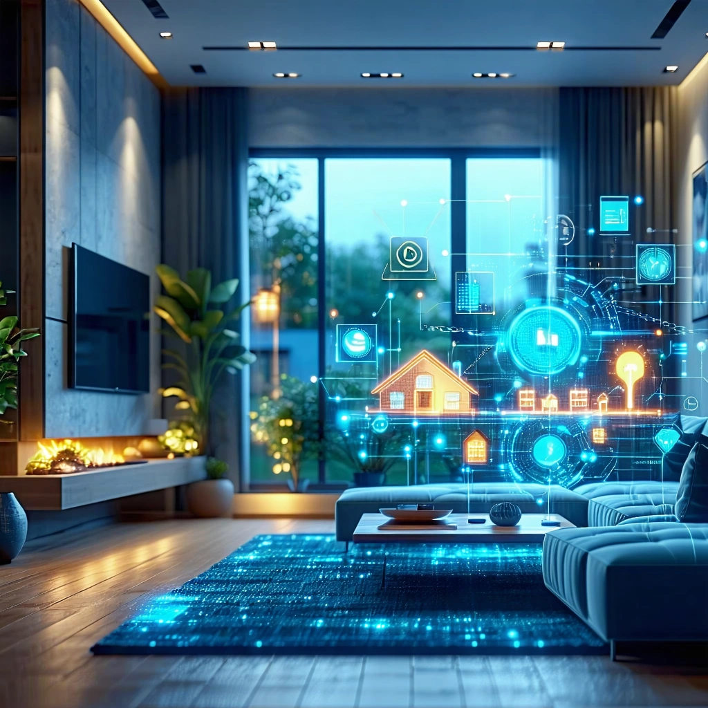 Moderne Wohnzimmer mit eingebautem Fernseher, Pflanzen, Sofa und digitaler Technologie in Form von holographischen Symbolen.