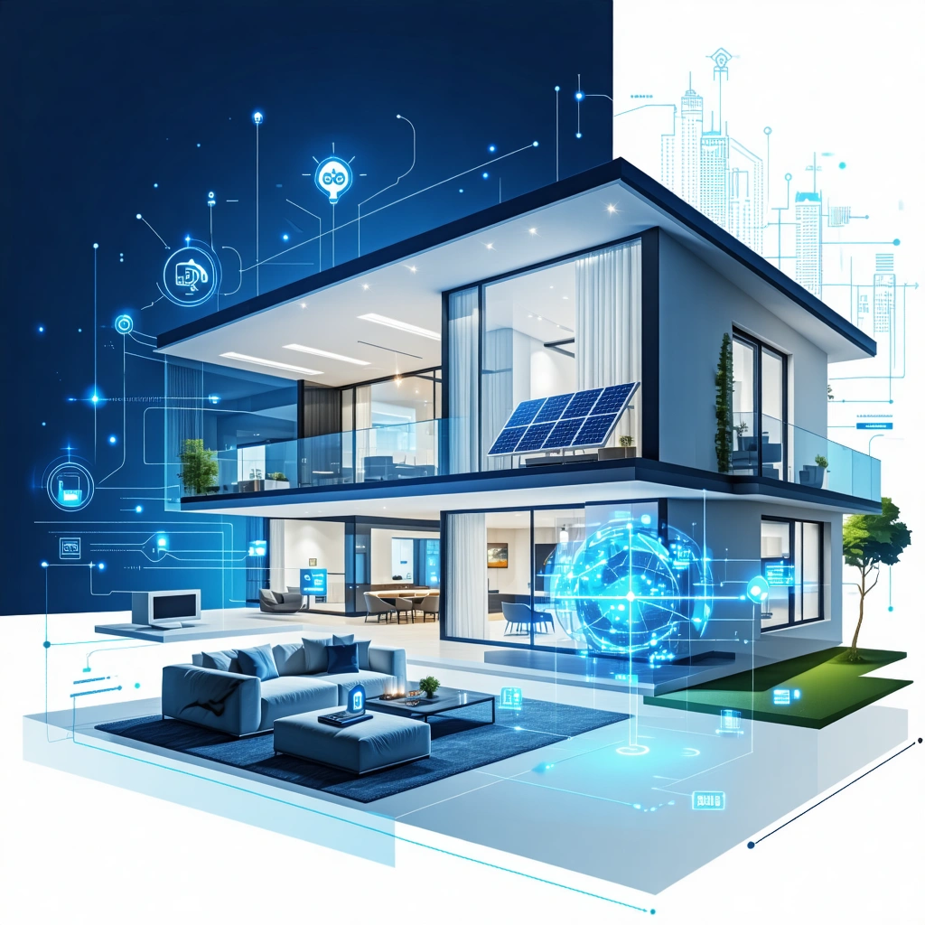 Moderne Wohnarchitektur mit Solarpanelen, durchsichtigen Wänden und digitaler Netzwerktechnologie im Hintergrund.